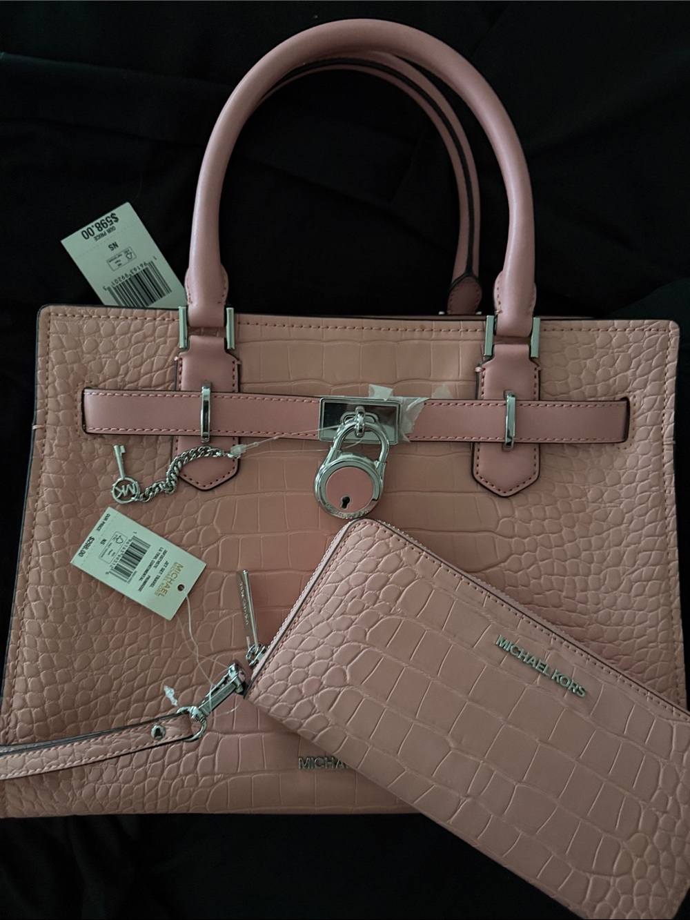 NWT Michael Kors Primrose Pink Croc Embossed Satchel & Wallet Set
